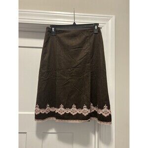 Vintage Y2K EXPRESS Brown Wool Blend Aline Skirt Pink Sequined Lace Trim Size 0